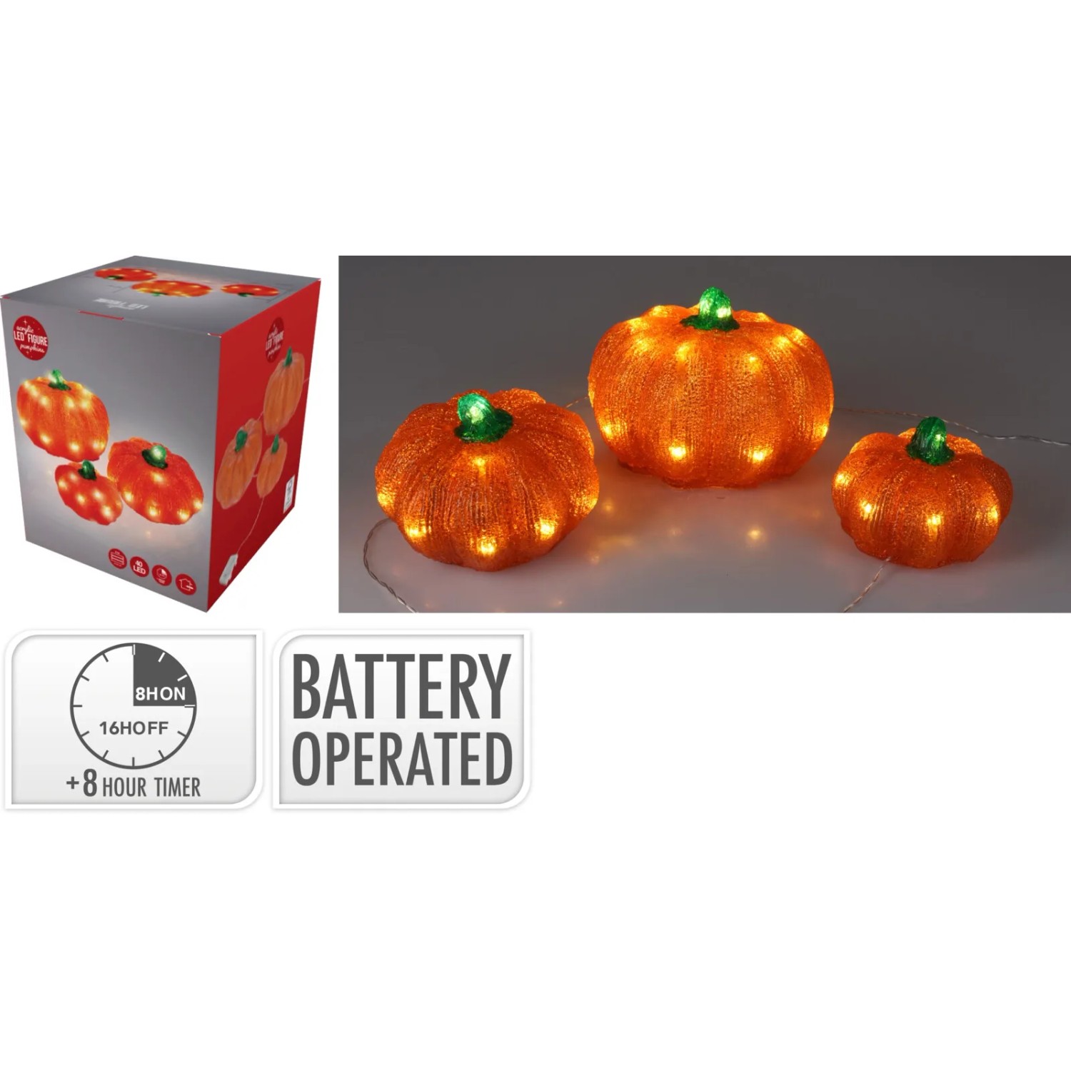 3er Set LED Acryl Kürbisse in verschiedenen Größen mit warmweißem Licht für Anlässe.