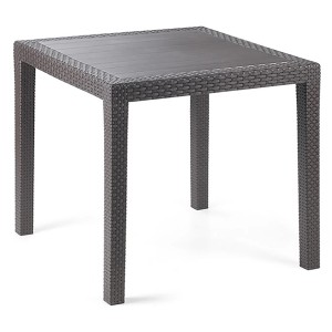 Quadratischer, anthrazitfarbener Bistrotisch aus Kunststoff in Rattanoptik für Garten, Balkon oder Terrasse.