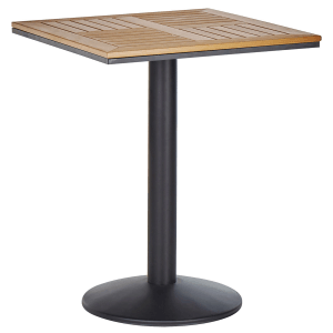 Quadratischer Beliani Gartentisch PALMI in Holzfarbton mit schwarzem Metallfuß.