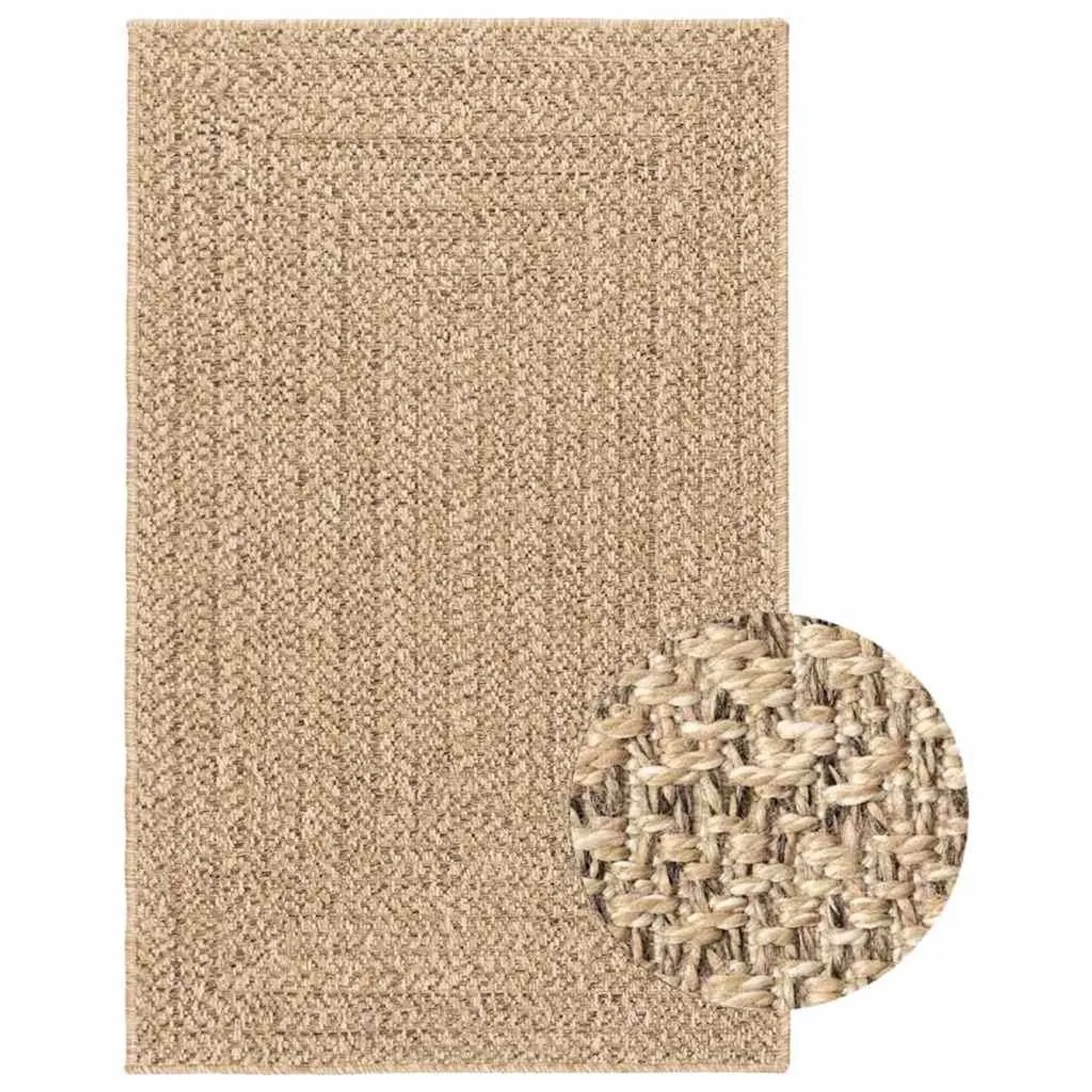 Rechteckiger vidaXL ZIZUR Outdoor-Teppich in Jute-Optik, hellbraun, aus geflochtenem Polypropylen, UV-beständig.