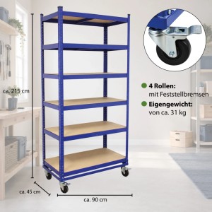 Blauer TRUTZHOLM Etagenwagen mit 6 Holzböden auf Rollen, 215 cm hoch, 90 cm breit. 900 kg Tragkraft für Lager & Werkstatt.