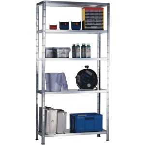 Verzinktes Schulte Steckregal, 200x100x35cm, mit fünf Böden und diversen Gegenständen bestückt.