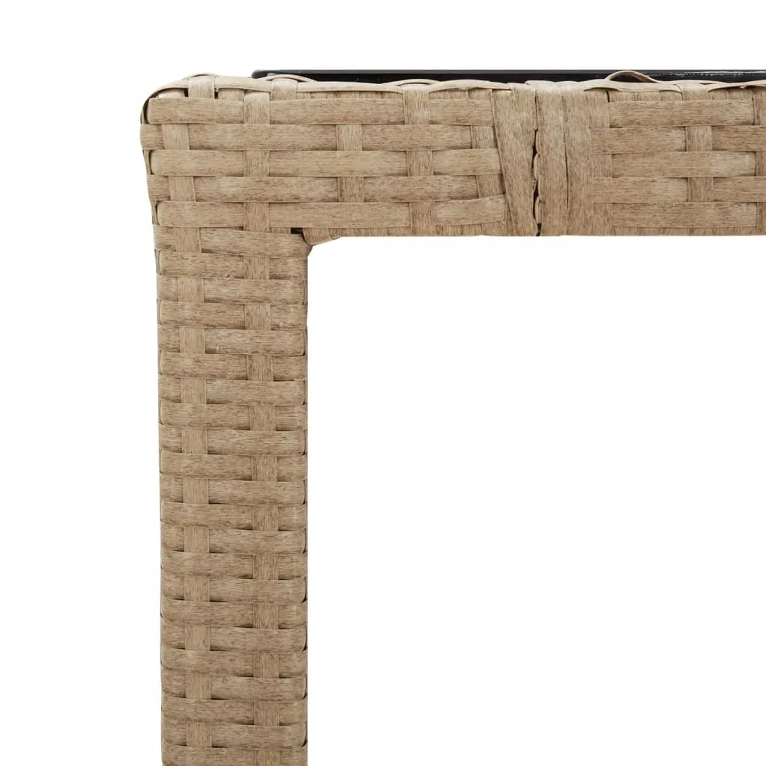 Detailansicht: Beige Poly Rattan Gartentisch Ecke der 7-tlg Essgruppe.