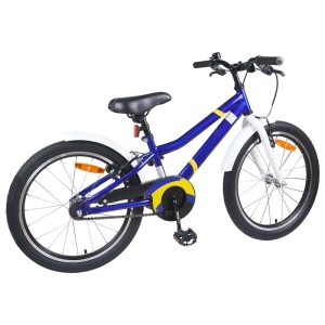 Blau-weißes 22-Zoll Kinderfahrrad für 7-12 Jährige mit Schutzblechen und Reflektoren.