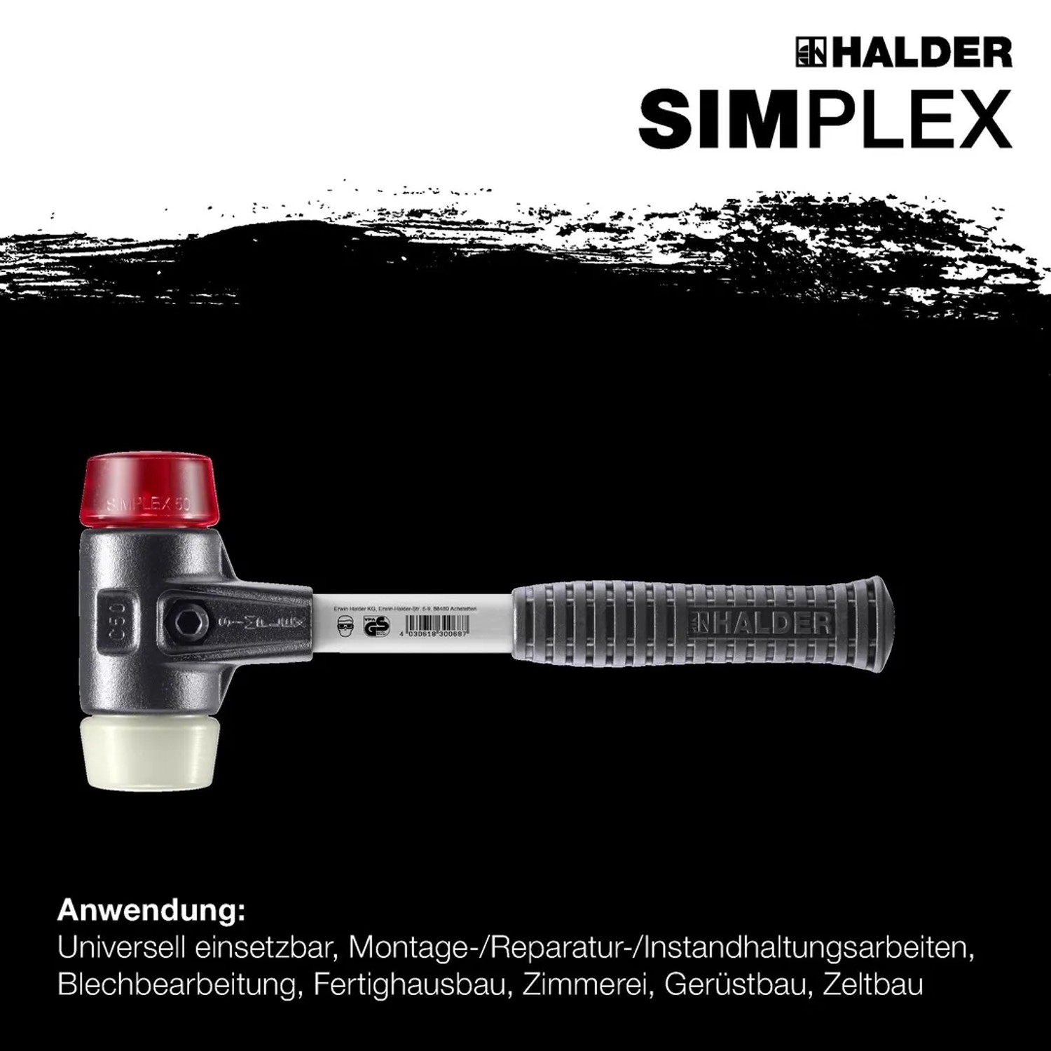 Halder Simplex Schonhammer Ø 60 mm mit rotem Plastik- und weißem Nylonkopf, dunklem Gehäuse, Fiberglasstiel.