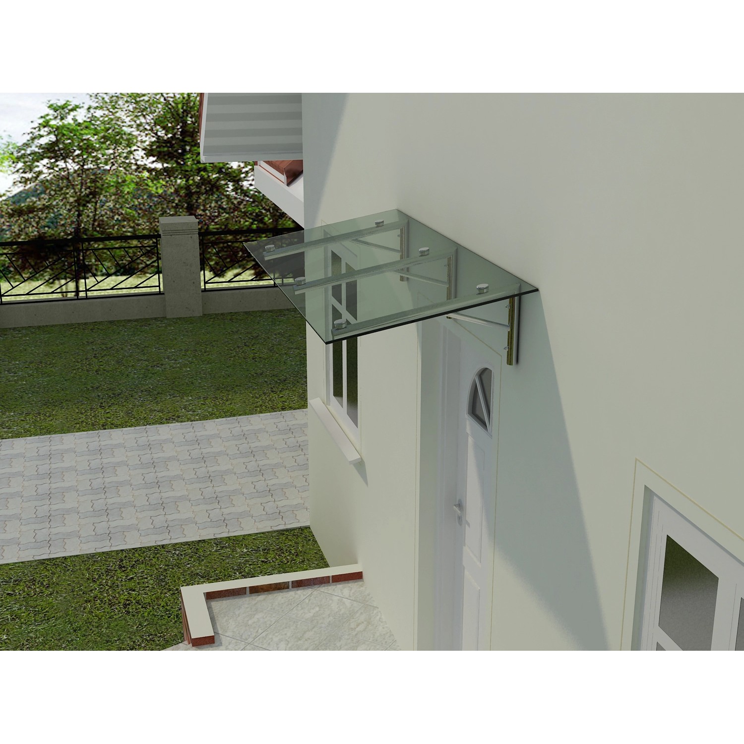 Glasvordach Zugspitze 275x120 cm, Klarglas VSG, Edelstahlhalterung. Modernes Design für Hauseingang.