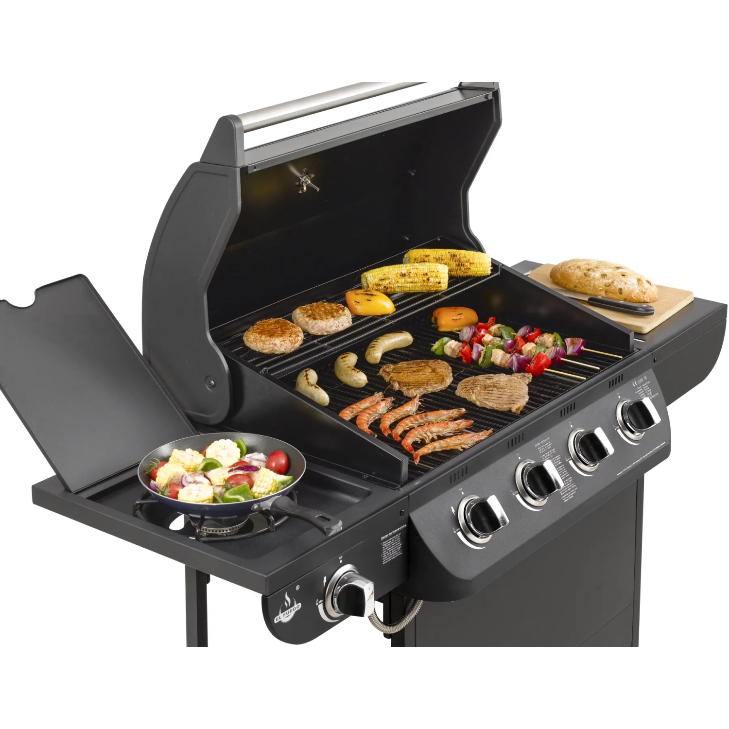 Schwarzer El Fuego Gasgrill Columbus mit 4 Brennern und Seitenbrenner, Grillgut auf dem Rost.