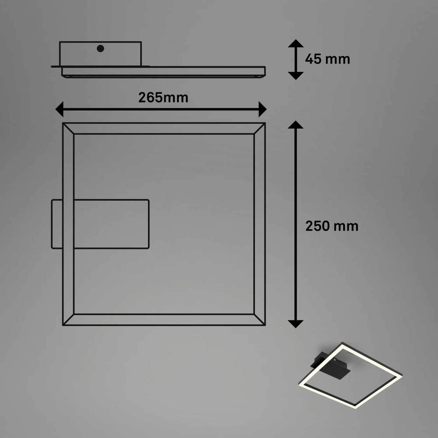 Brilo LED-Deckenleuchte Nici, schwarz, quadratisch, 26,5x25 cm, Warmweißes Licht. Detailansicht mit Maßen.
