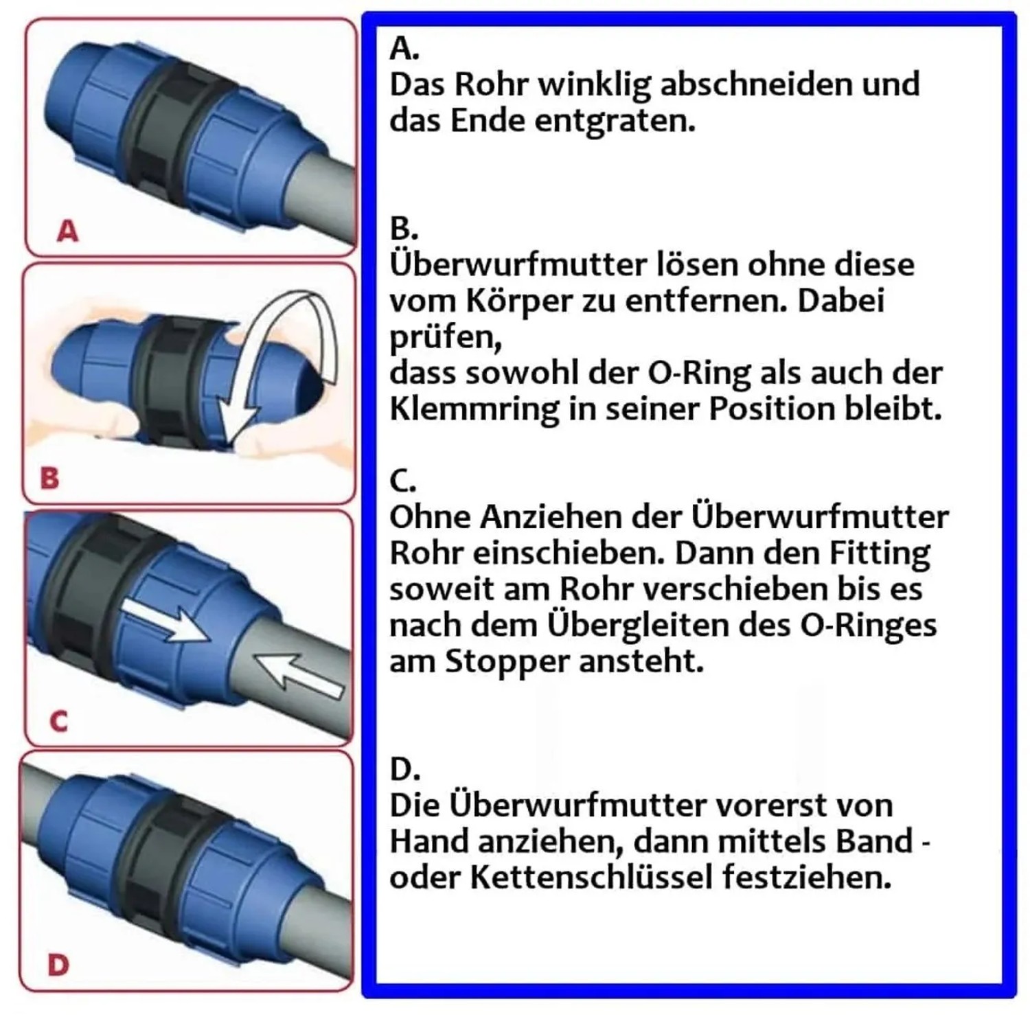 Montageanleitung: Cepex PP-PE Verschraubung 90° Winkel für PE-Rohr Verbindungen.