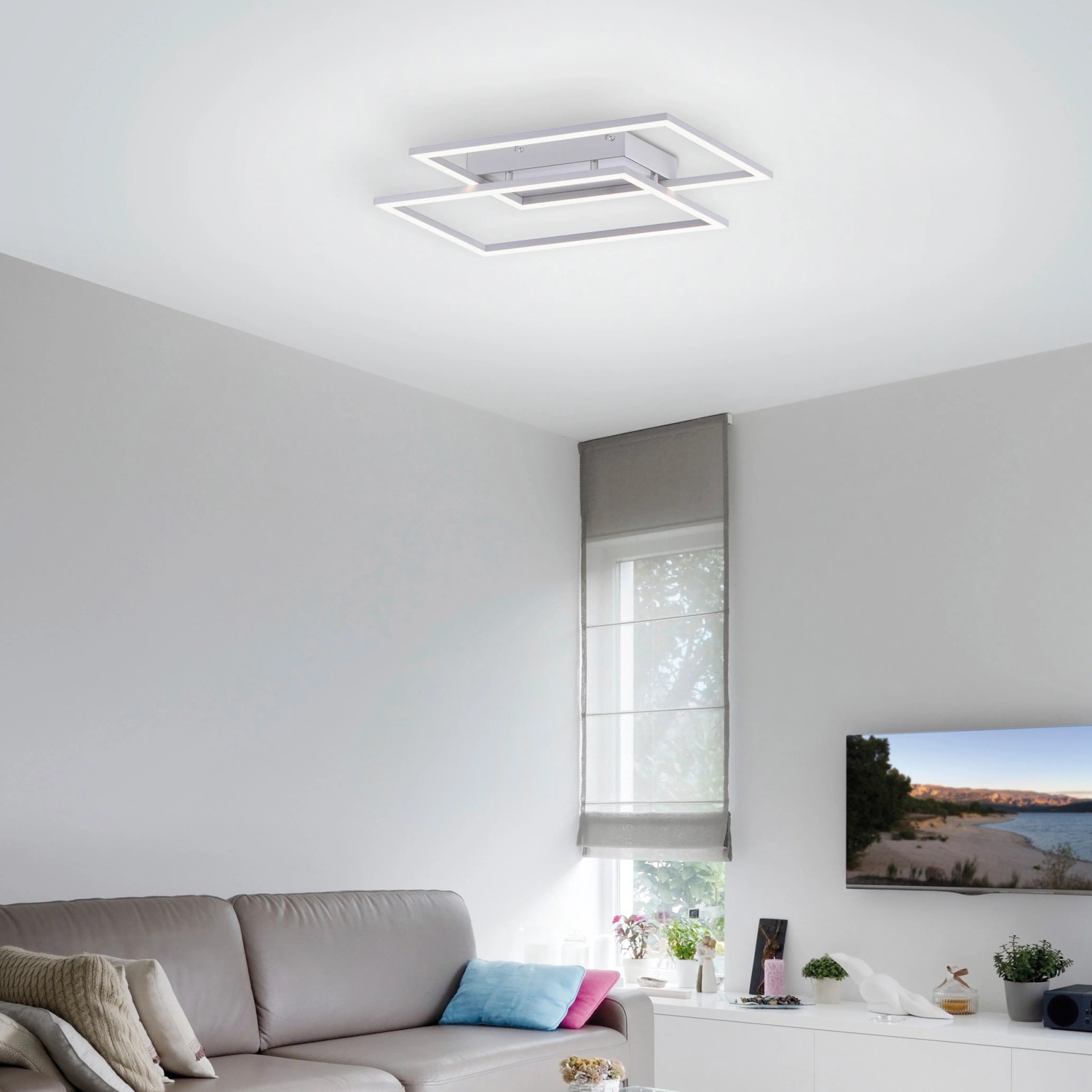 Moderne Paul Neuhaus LED-Deckenleuchte Inigo aus Stahl, quadratisches Design, warmweißes Licht, dimmbar.