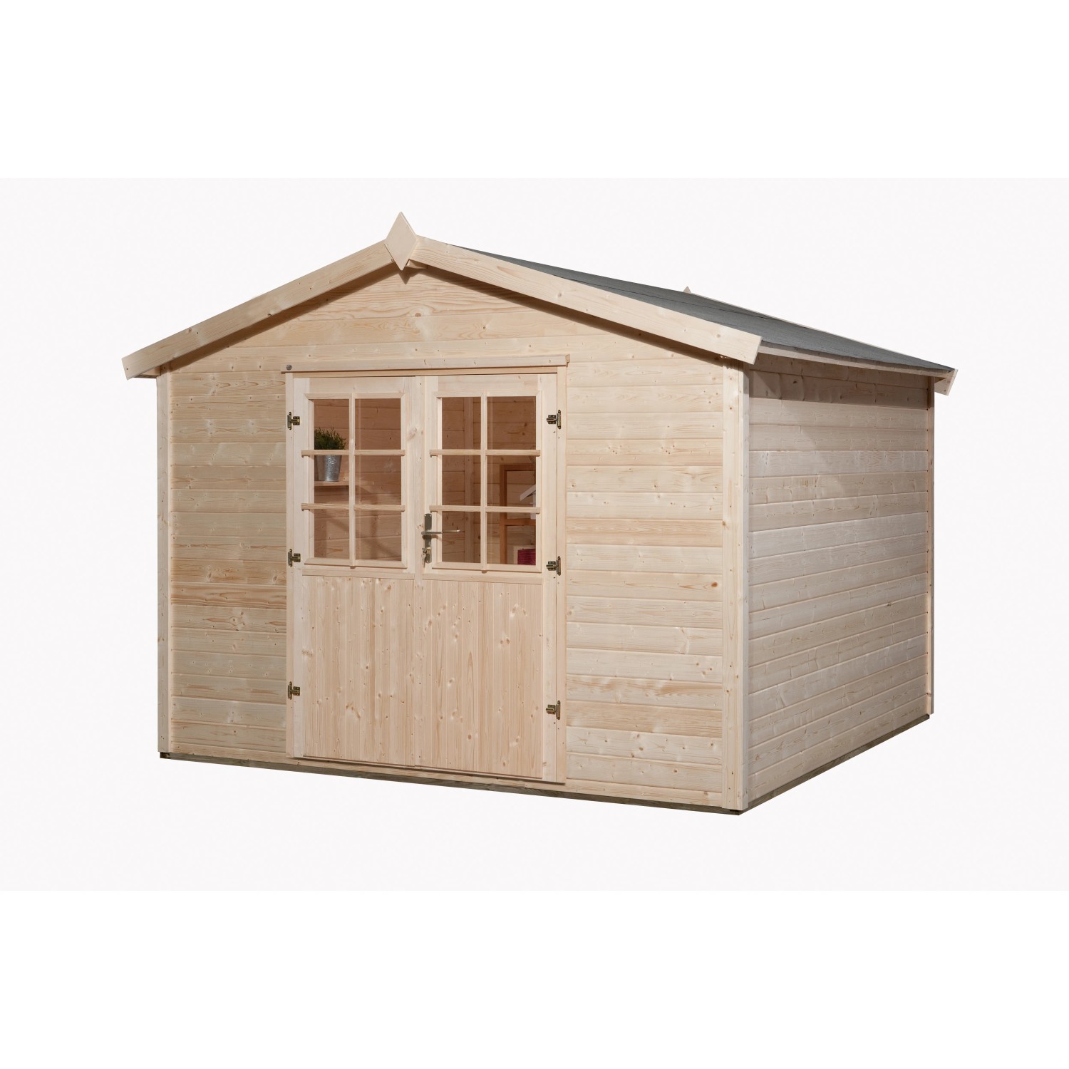 Weka Holz-Gartenhaus Ravenna C, naturbelassen, mit Satteldach und Doppeltür mit Lichtausschnitten.