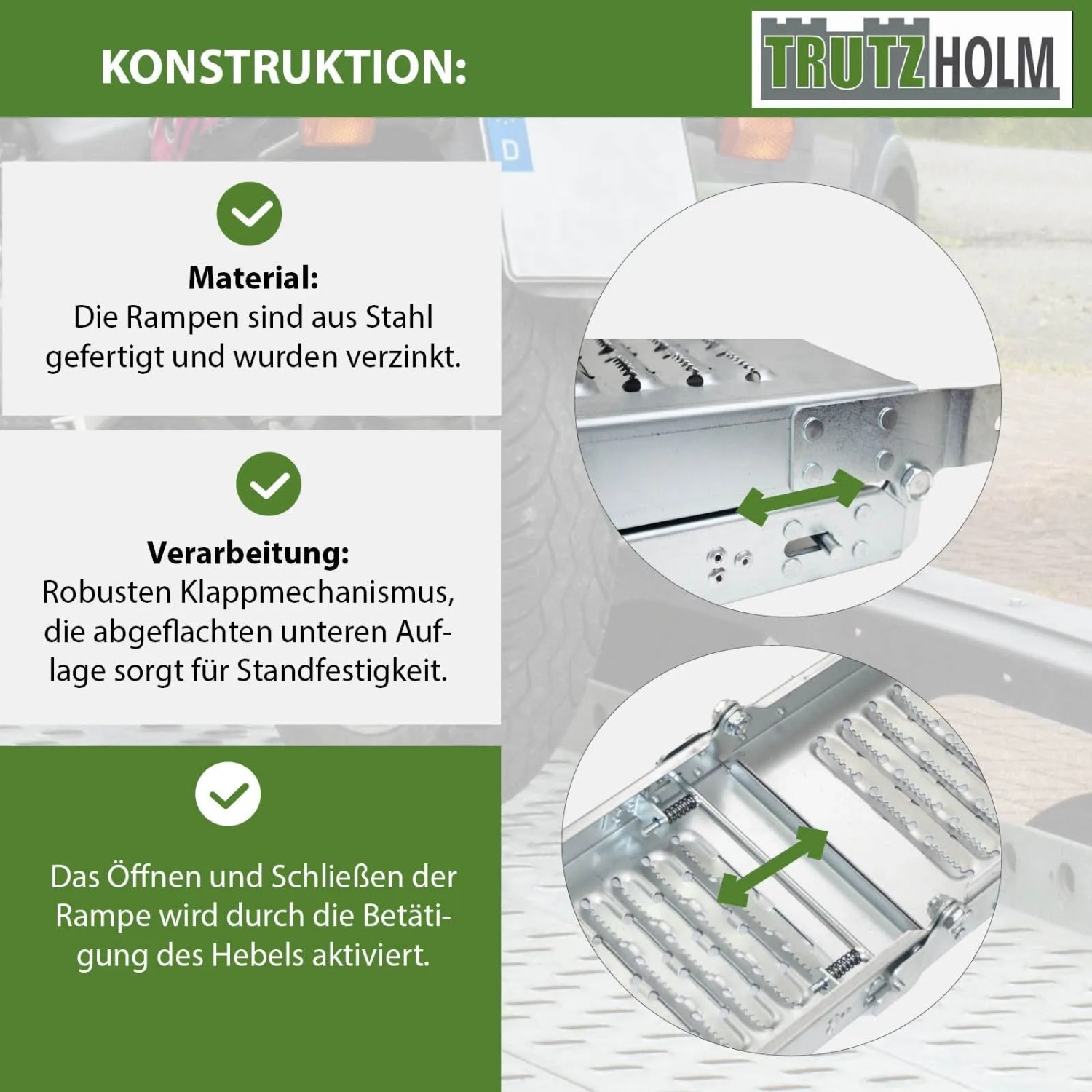 Detailansicht TRUTZHOLM Auffahrrampe: Stahl, klappbar, geriffelte Oberfläche, Zubehör für Autoanhänger.