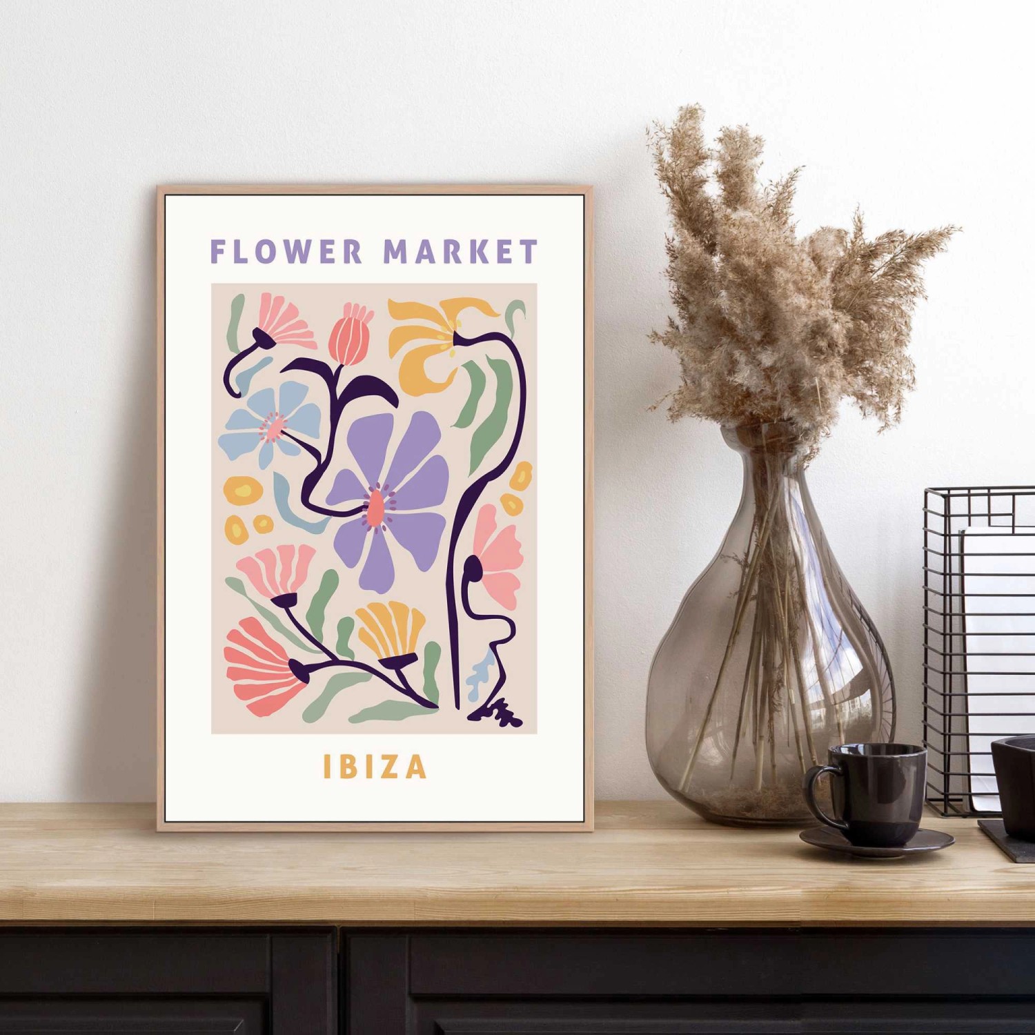 Gerahmtes Bild Ibiza Flower Market, 30x20 cm, mit bunten Blumenmotiven im modernen Stil.