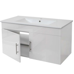 Weißer MCW Waschbeckenunterschrank (90cm) mit Keramik-Waschbecken und zwei Türen in Hochglanz.