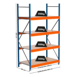 Blau-oranges PROREGAL Weitspannregal MAXIMUS PRO mit vier Spanplatten-Fachböden und Gewichten.