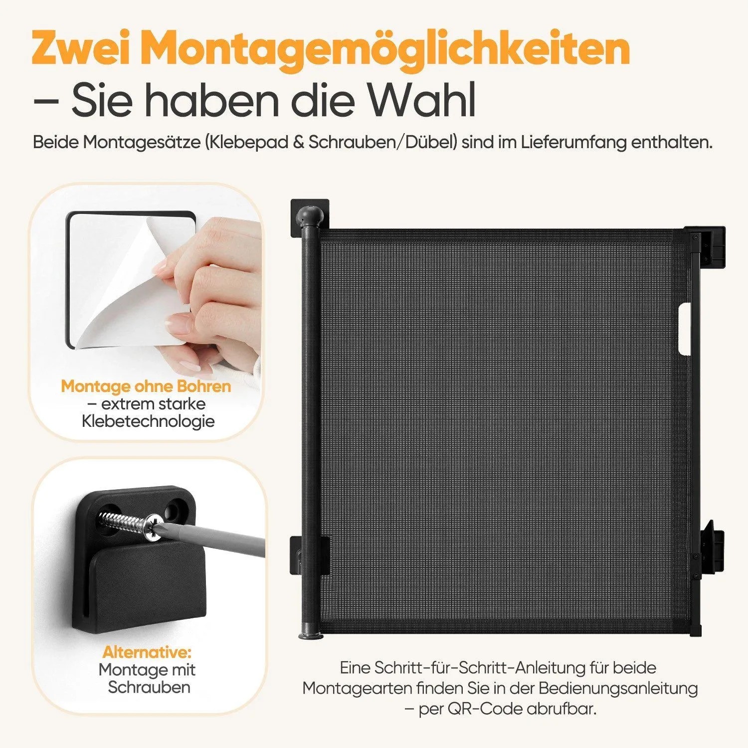 Schwarzes ausziehbares Treppenschutzgitter. Montageoptionen: Kleben ohne Bohren und Schrauben. Sicher für Kinder & Hunde.