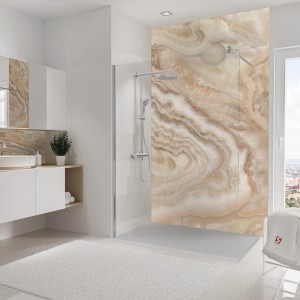 Schulte Duschrückwand DecoDesign Softtouch Marmor-Creme, 255x150 cm im Badezimmer.