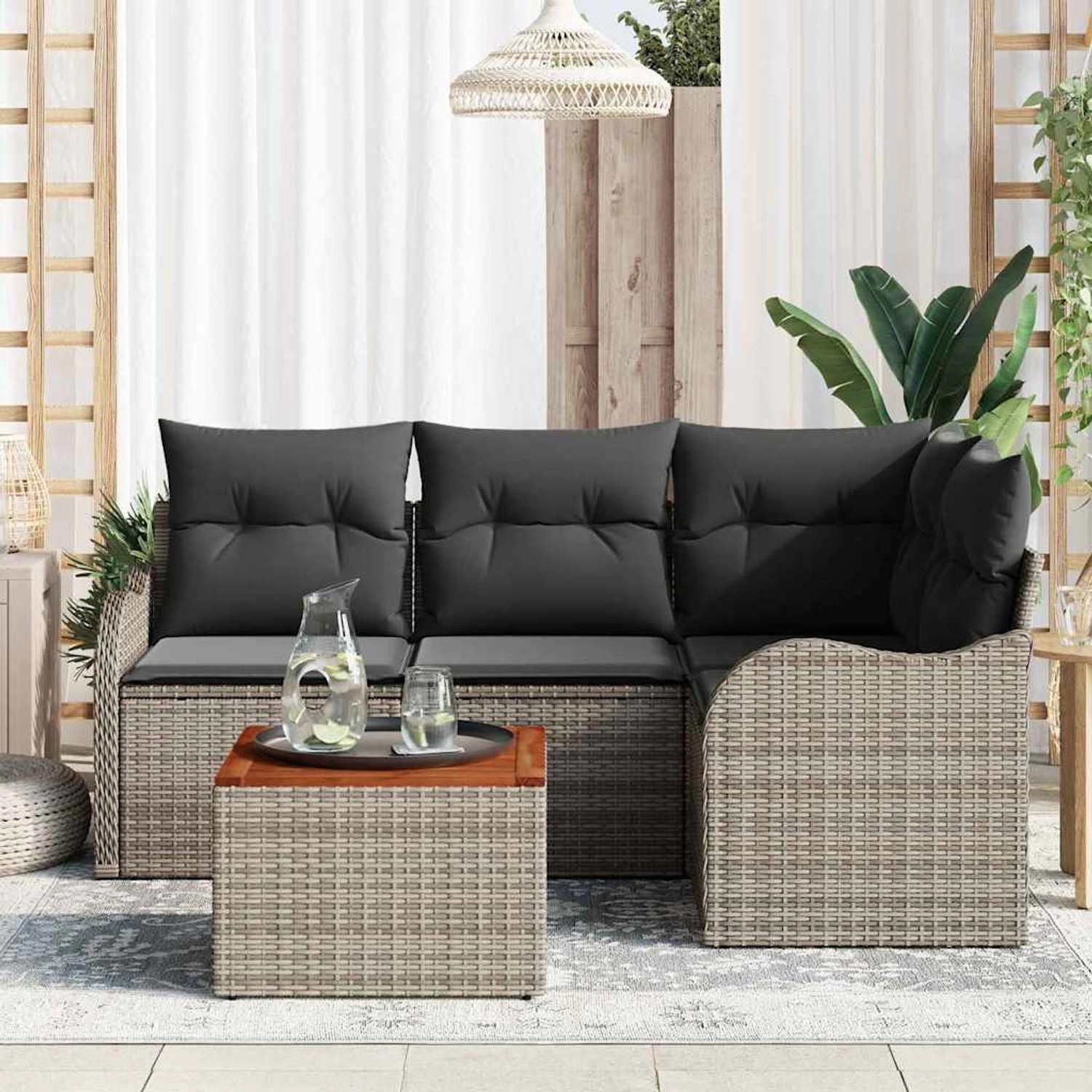 Graues 5-teiliges vidaXL Garten-Sofa-Set aus Poly Rattan mit Tisch und Stauraum.