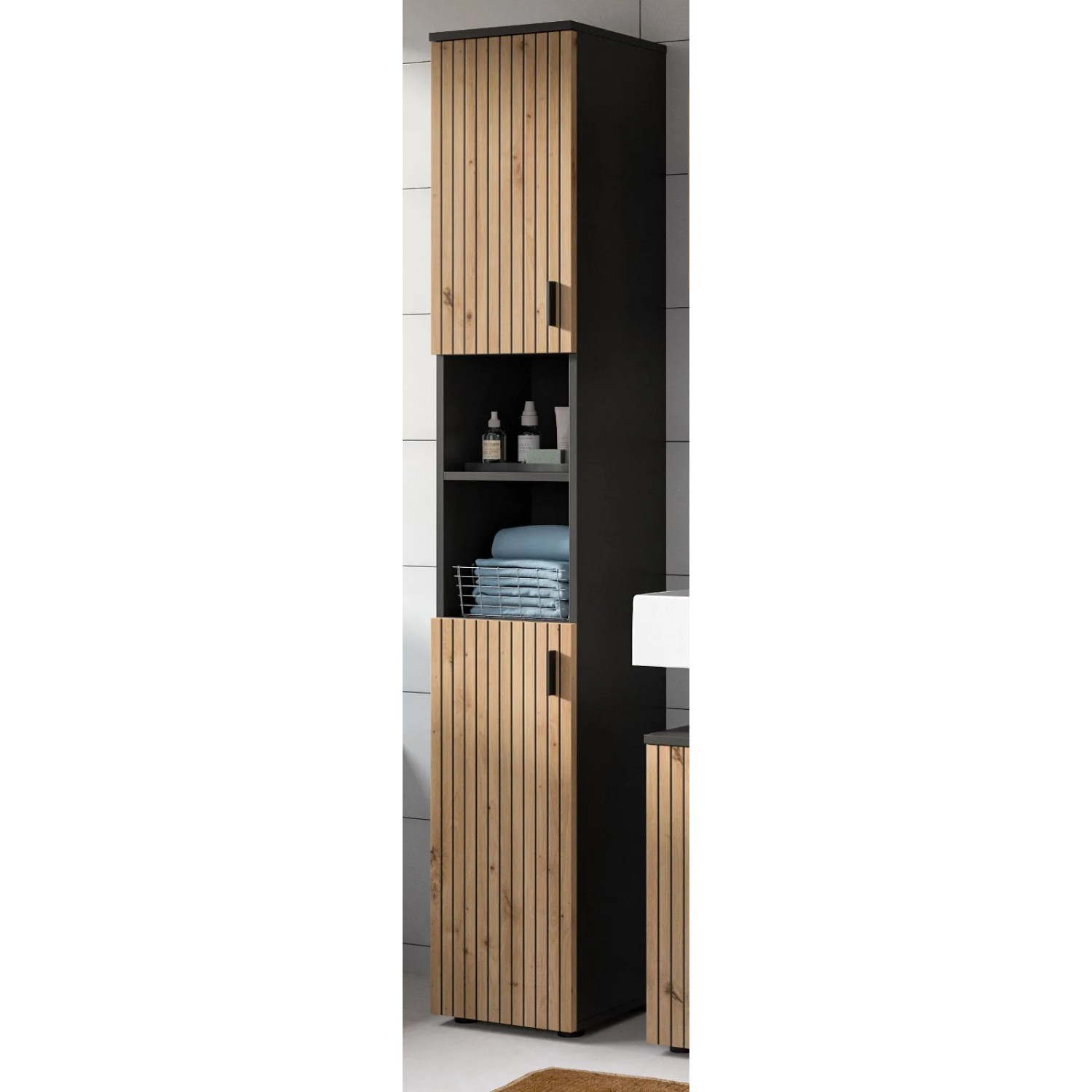 Inn.Furn Badezimmer Hochschrank in Eiche und Grau 30 x 192 cm Livia