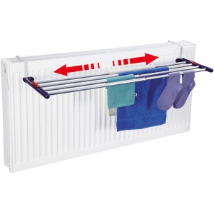 Leifheit Hängetrockner Quartett 42 Extendable Al auf Heizkörper mit Wäsche, ausziehbar.