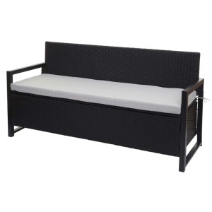 Anthrazit Poly-Rattan 3er Gartenbank mit grauen Sitzkissen und integriertem Staufach.