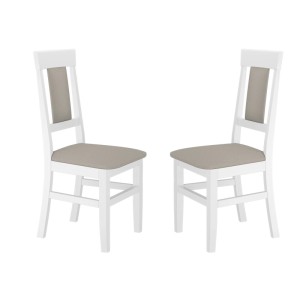 Zwei gepolsterte Esszimmerstühle aus weißem Massivholz mit taupefarbenen Sitz- und Rückenlehnen.