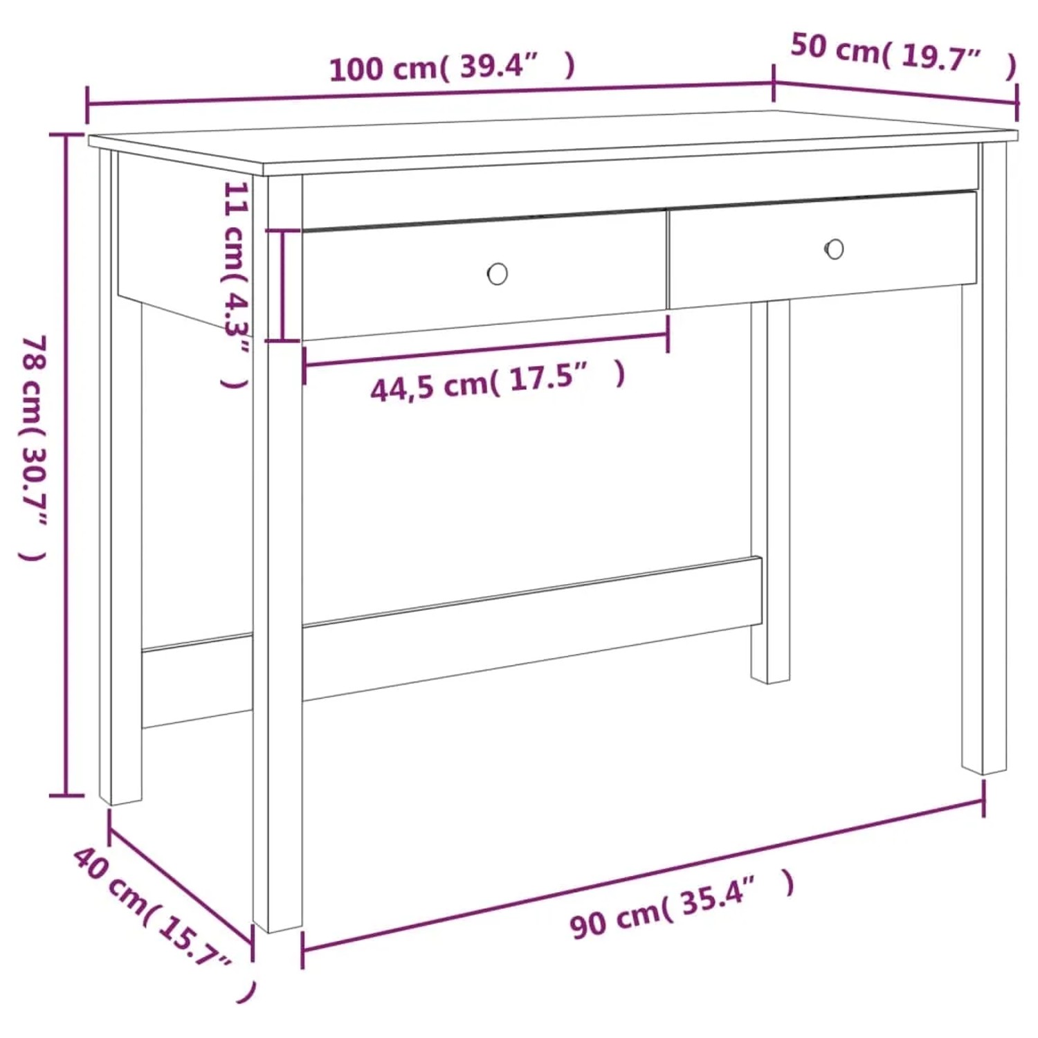 vidaXL Schreibtisch aus Kiefernholz mit 2 Schubladen, 100x50x78 cm. Ideal für Büro/Arbeitszimmer.