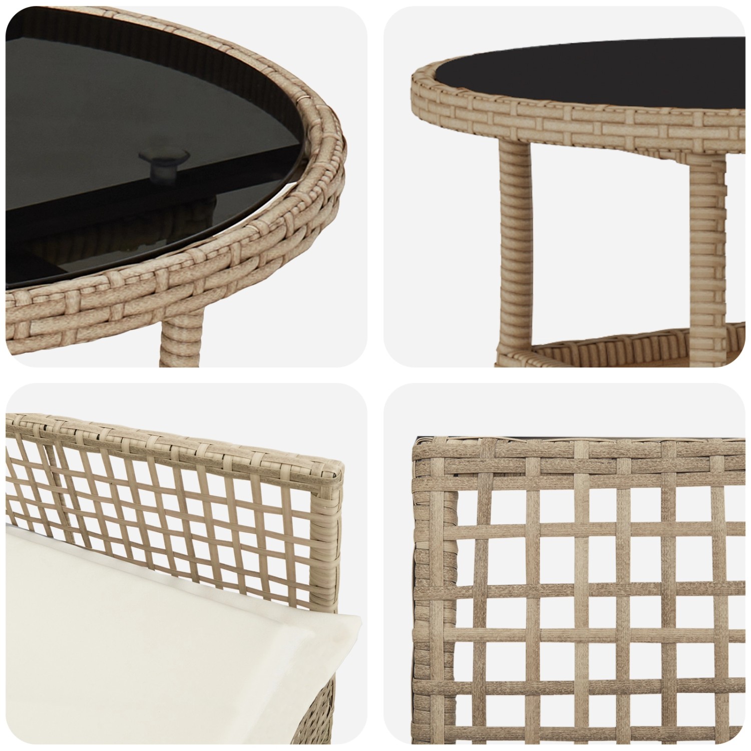 vidaXL Garten Essgruppe, 3-teilig, beige Poly Rattan, Detailansichten von Tisch und Stühlen.