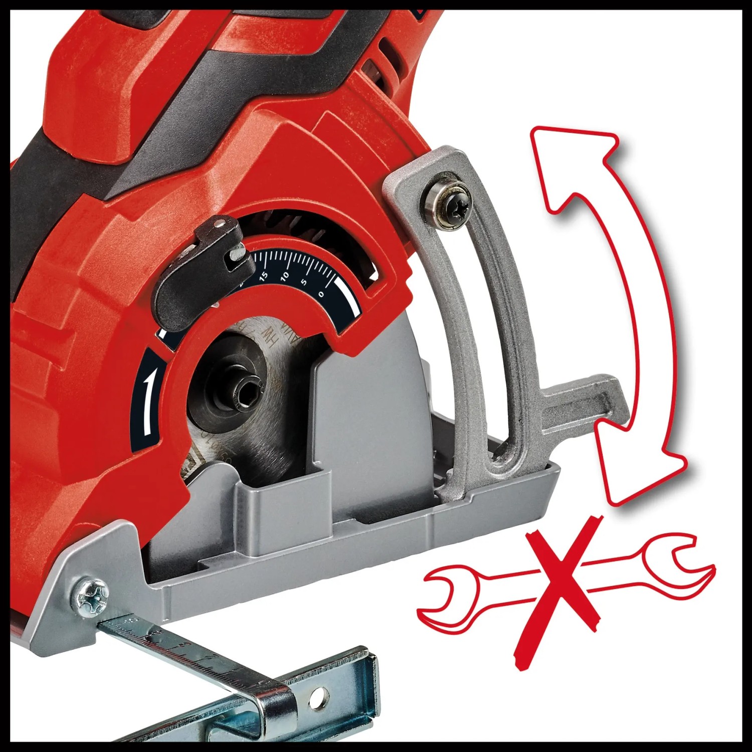 Einhell TC-CS 89 Mini-Handkreissäge: Werkzeuglose Einstellung der Schnitttiefe, Parallelanschlag.