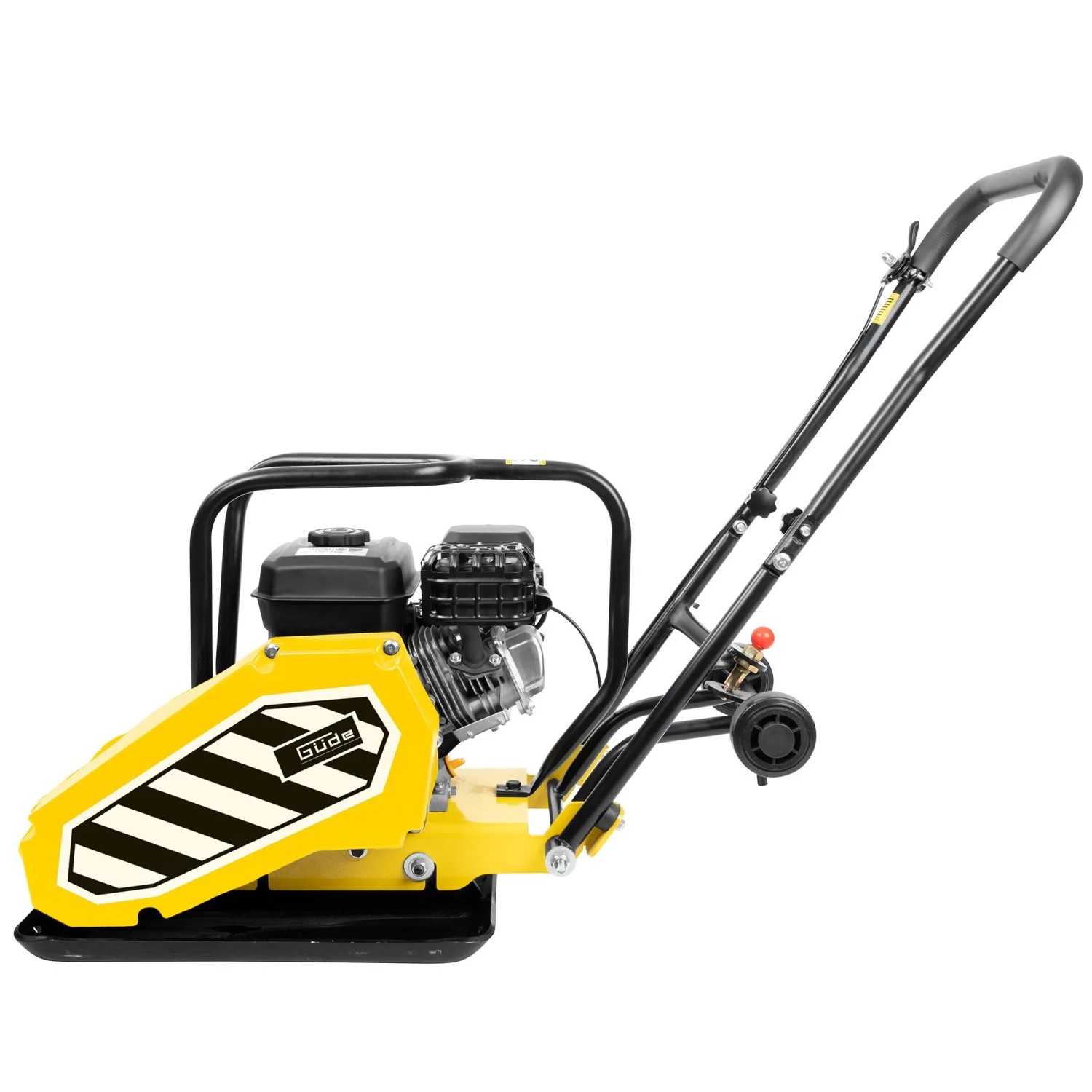 Güde Rüttelplatte GRP 80E, gelb/schwarz, mit Fahrwerk und klappbarem Griff. Ideal für Baumaschinenarbeiten.