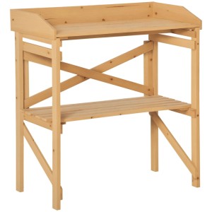 Heller Pflanztisch aus Tannenholz mit zwei Ablagen und erhöhter Arbeitsfläche. Ideal für Gartenarbeiten.