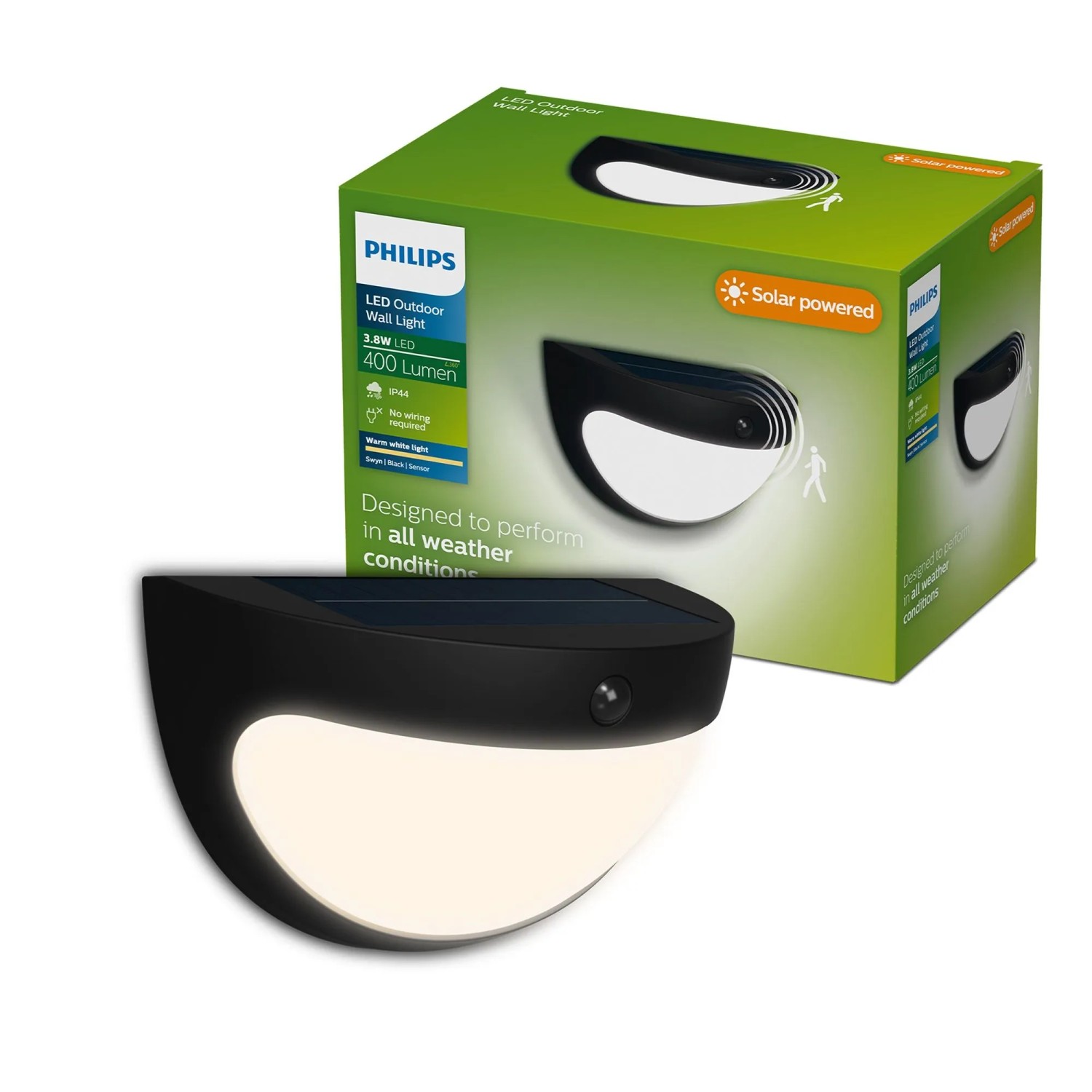 Schwarze Philips Solar-Wandleuchte Swyn für den Außenbereich, mit Bewegungssensor und warmweißem Licht.