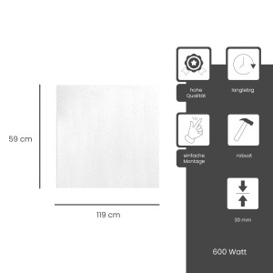 Fenix Infrarotheizung COMFORT, 600W, weiß, pulverbeschichtet, mit Maßangaben und Icons zu Produkteigenschaften.