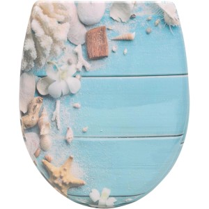 WOLTU WC-Sitz mit Strandmotiv: hellblaue Holzoptik, Muscheln, Seestern, Korallen. Duroplast Toilettensitz O-Form.