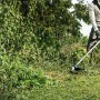 Mann trimmt mit Bosch Elektro-Rasentrimmer AFS 23-37 hohes Gras und Wildwuchs. Grüner Trimmer mit Schultergurt für Gartenarbeit.