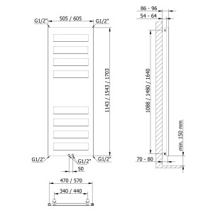 Technische Zeichnung Schulte Badheizkörper Münster, Maße und Anschlüsse dargestellt.