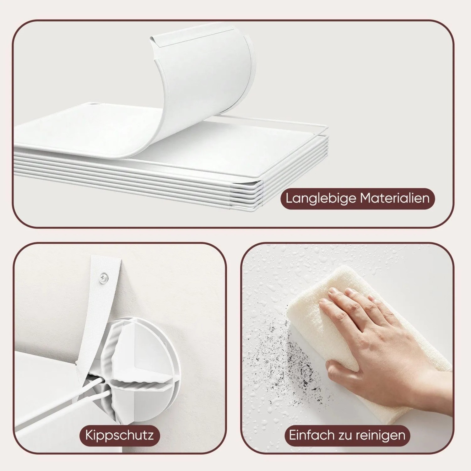 Sekey Schuhregal: flexible Platten, Wand-Kippschutz und einfache Reinigung. Zeigt robuste Materialien des platzsparenden Schuhschranks.