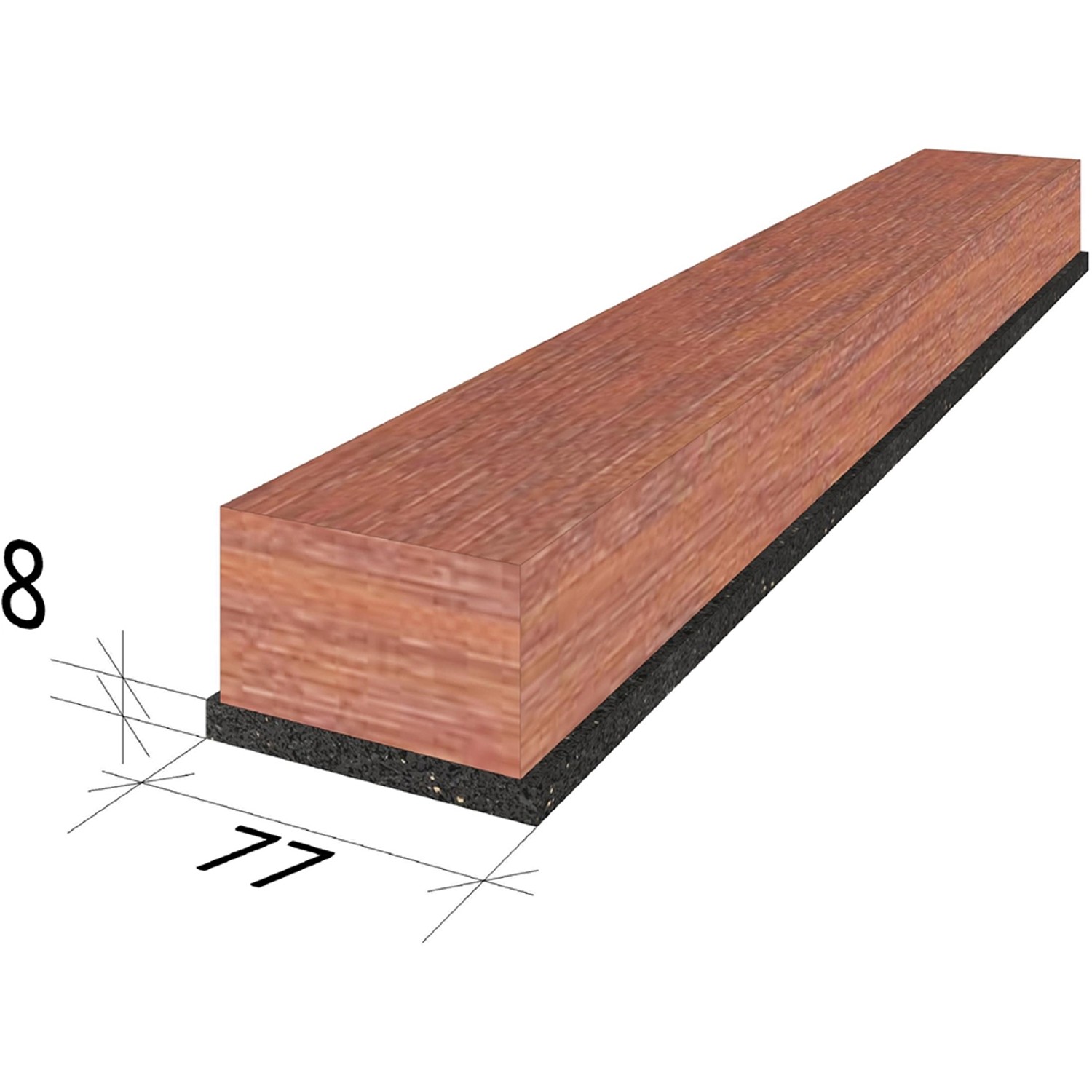 GS Terrassen Gummipad auf Rolle (8x77x2300mm) unter einer Terrassendiele zur Dämmung und zum Schutz.