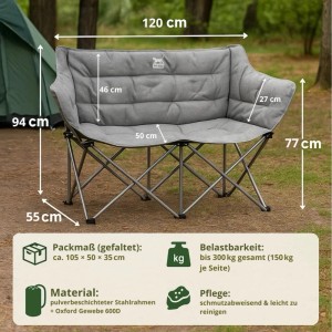 BigDean Campingstuhl für 2 Personen, faltbar und gepolstert, belastbar bis 300 kg.