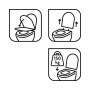 Icons für WC-Sitz Tonda: Absenkautomatik, Quick-Release, Belastbarkeit 150kg.