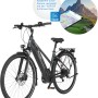Graues Fischer E-Bike Viator 5.0i mit Trapezrahmen und Smartphone-App Anzeige.