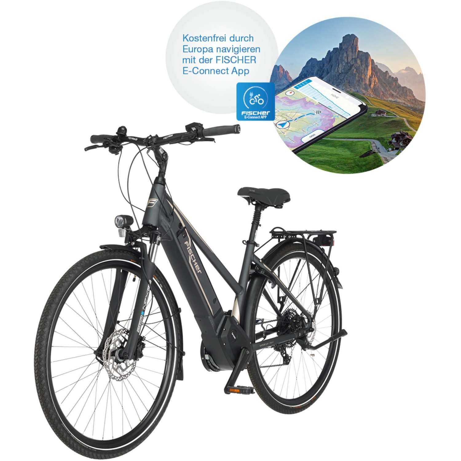 Graues Fischer E-Bike Viator 5.0i mit Trapezrahmen und Smartphone-App Anzeige.