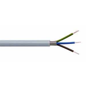 Graue Mantelleitung NYM-J 3x1,5, geeignet für Feuchträume und Installation unter Putz.