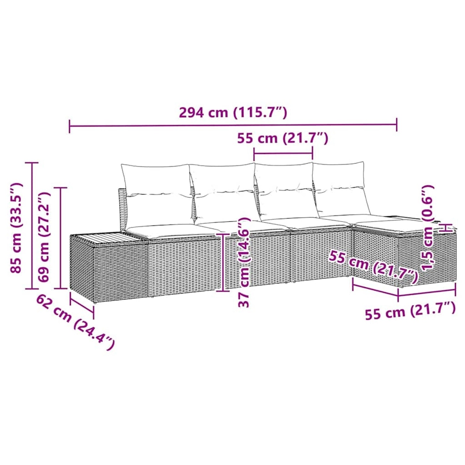 vidaXL Garten-Sofa-Set, 5-teilig, schwarz, Poly Rattan, mit Maßangaben.