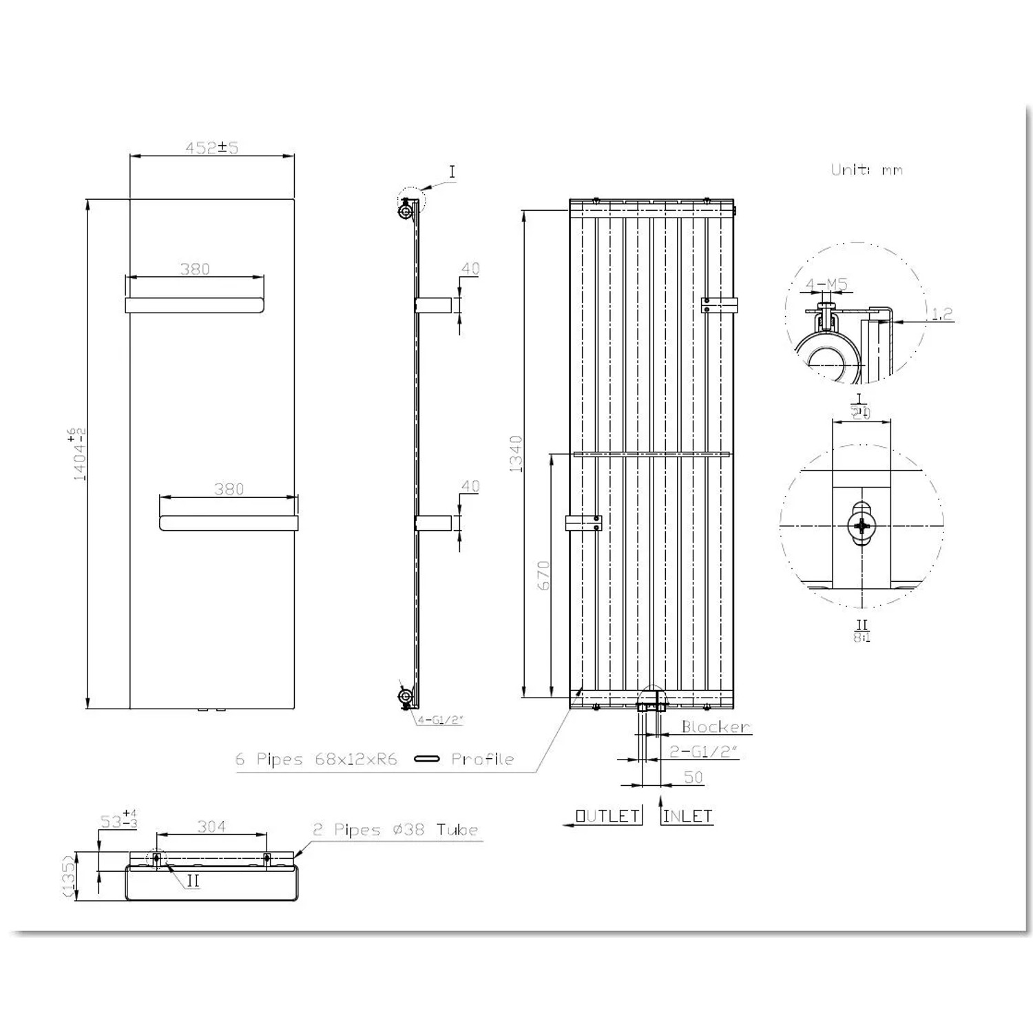 Technische Zeichnung: Glasdeals Badheizkörper LIANO, 140x45 cm, Mittelanschluss, Weiß. Details zu Maßen und Anschlüssen.