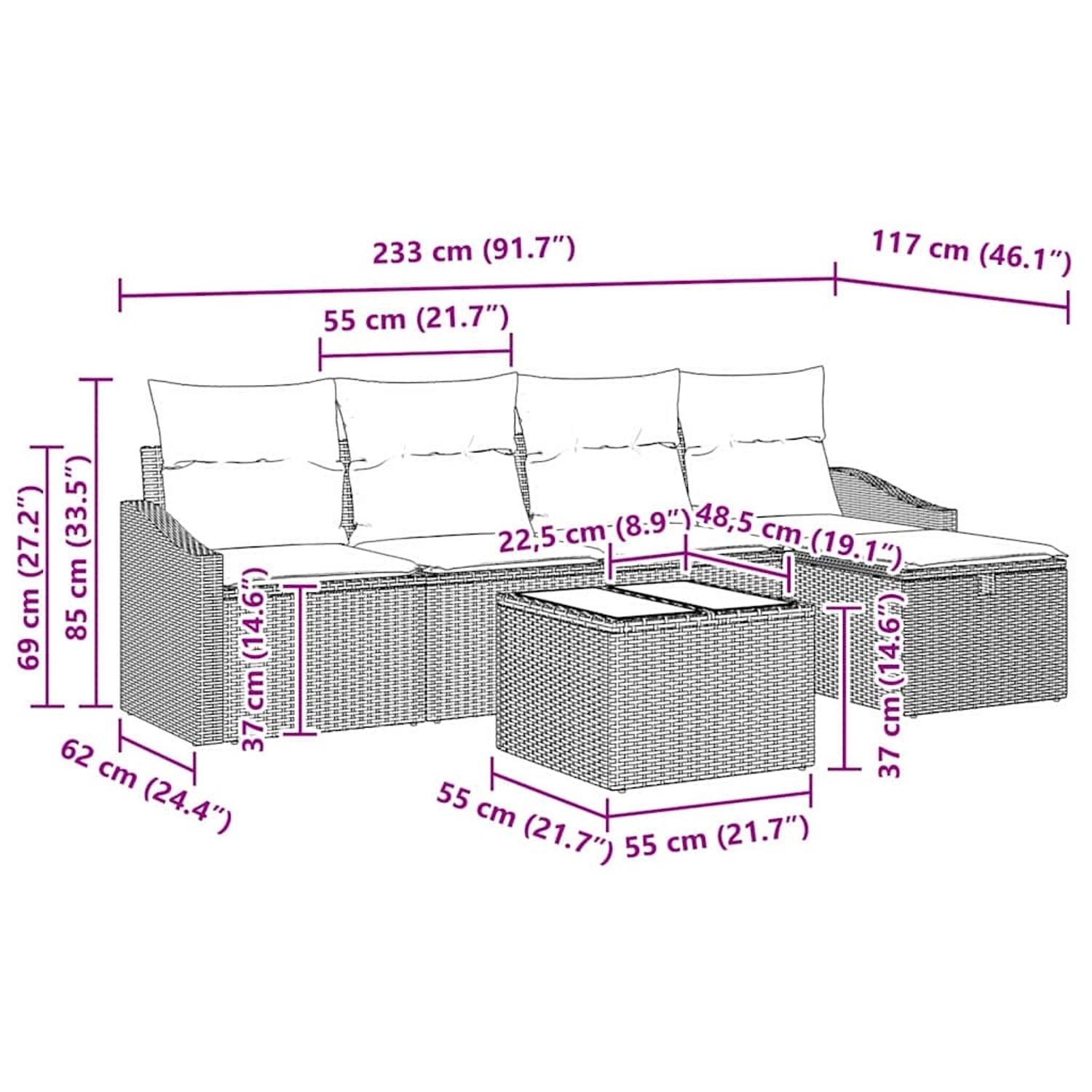 vidaXL Gartenmöbel Set, 6-teilig, Schwarz, Poly Rattan, mit Kissen. Sofa, Sessel und Tisch mit Maßen.