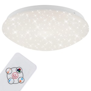 Weiße Brilo LED Deckenleuchte Moon mit Sternenmuster, dimmbar mit Fernbedienung.