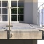 Fischer Bolzenanker FAZ II Plus befestigt ein modernes Glasgeländer mit Edelstahlpfosten an einer Betonbrüstung. Hohe Tragfähigkeit.