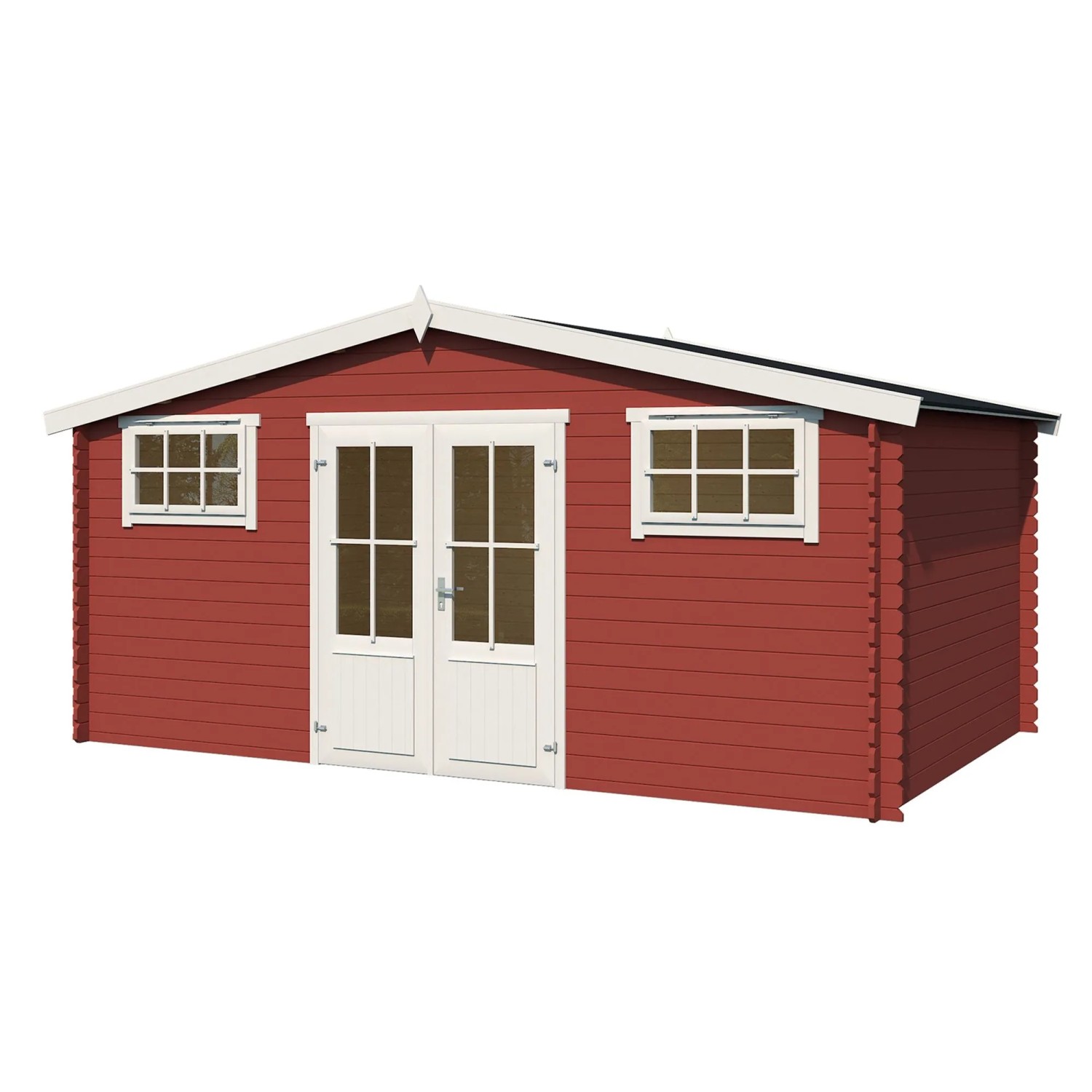 Lasita Gartenhaus Washington, 480x376 cm, Schwedenrot, mit Doppeltür und Fenstern.