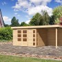Unbehandeltes Karibu Holz-Gartenhaus Sölve mit Flachdach und Anbau, naturbelassen.